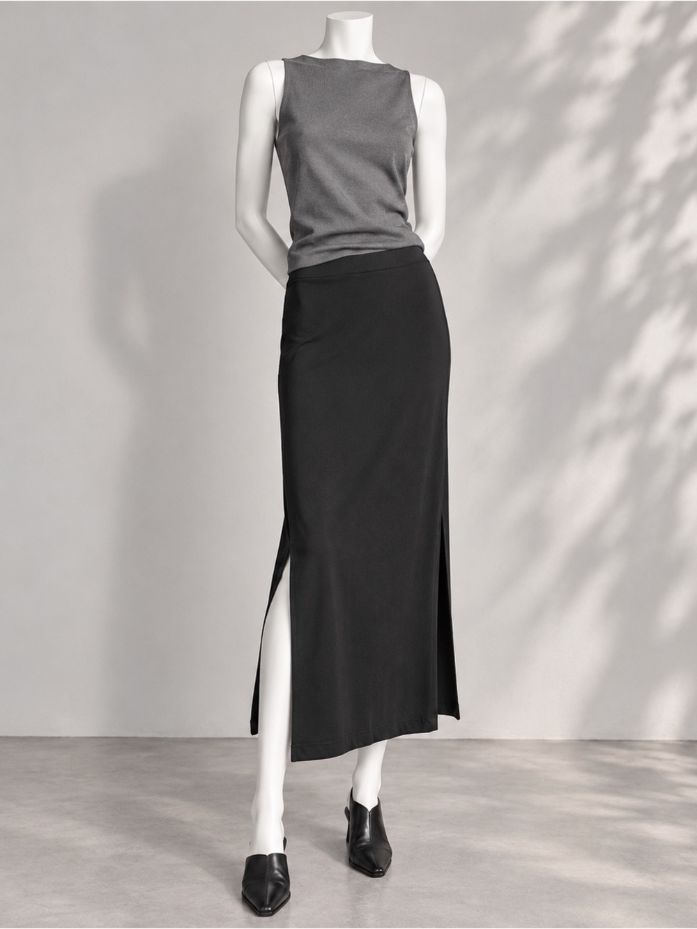 Express 90s Black Midi Skirt M Goth Grunge Minimalist Slinky Stretch Side Slit